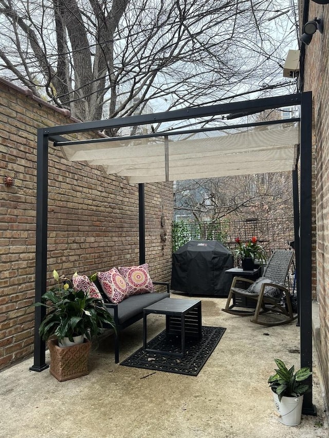 view of patio / terrace featuring a grill, a pergola, and an outdoor living space