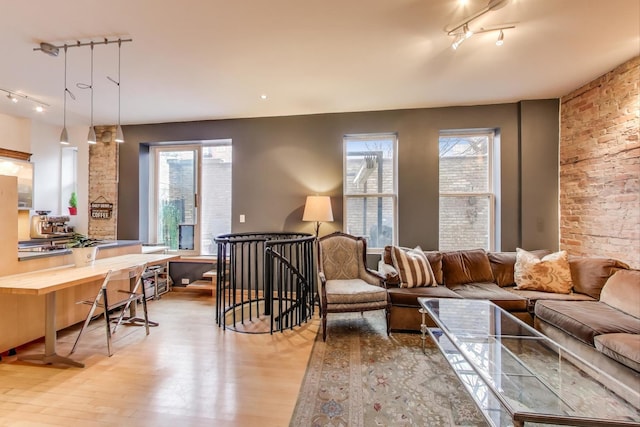 living room with light hardwood / wood-style flooring and rail lighting