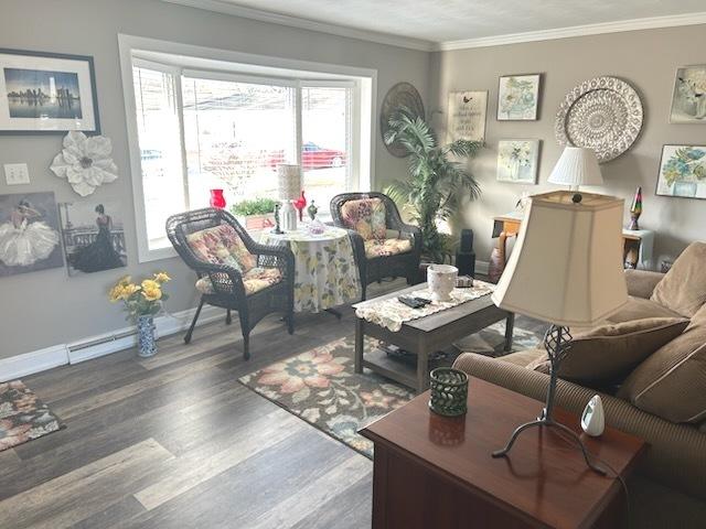 living room featuring hardwood / wood-style flooring and ornamental molding