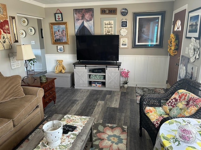 living room featuring crown molding and dark hardwood / wood-style floors