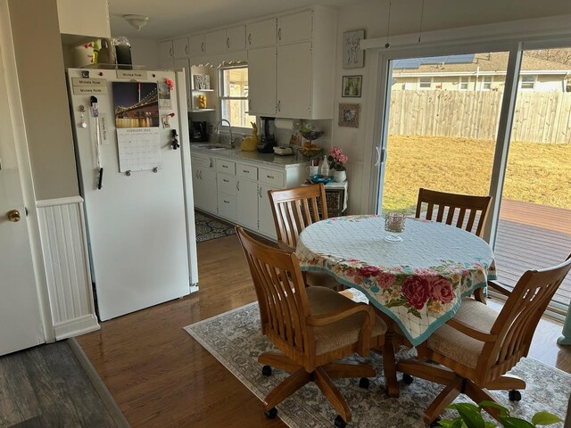 dining room featuring sink and dark wood-type flooring