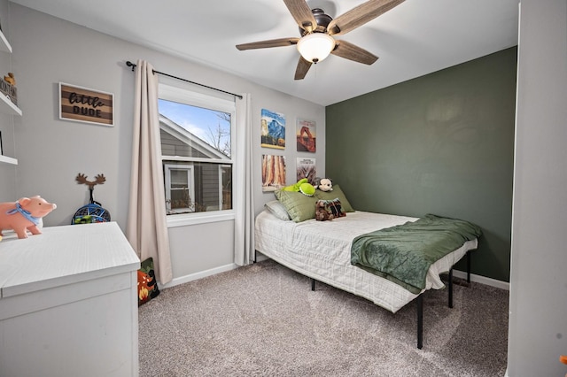 bedroom with ceiling fan and carpet