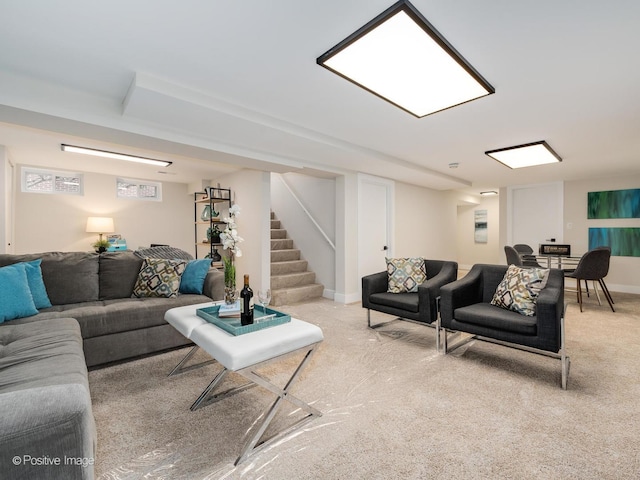 living room featuring light colored carpet