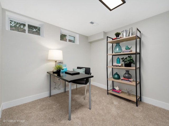 view of carpeted home office