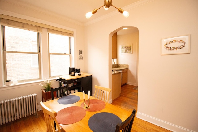 dining room with crown molding, radiator, and light hardwood / wood-style floors