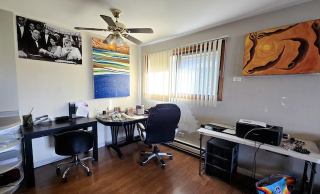 home office with dark hardwood / wood-style floors, ceiling fan, and baseboard heating