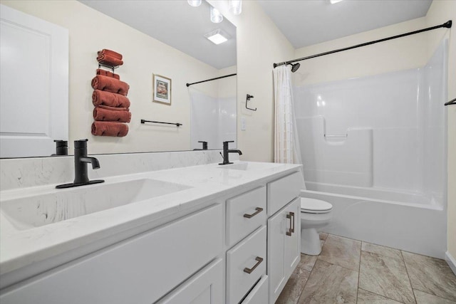 full bathroom with shower / bathtub combination with curtain, vanity, and toilet