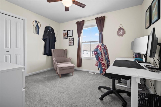 office area with light carpet and ceiling fan