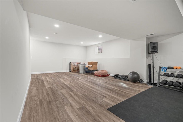 workout room featuring wood-type flooring