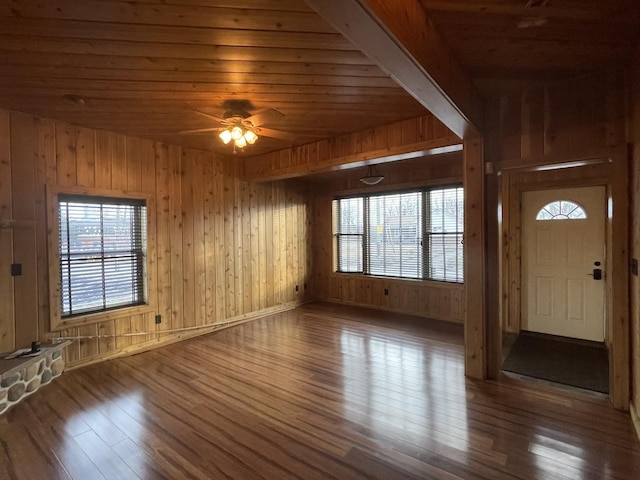 interior space featuring ceiling fan, wood-type flooring, wooden walls, and wooden ceiling