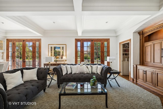 living room featuring crown molding, beam ceiling, dark hardwood / wood-style floors, coffered ceiling, and french doors