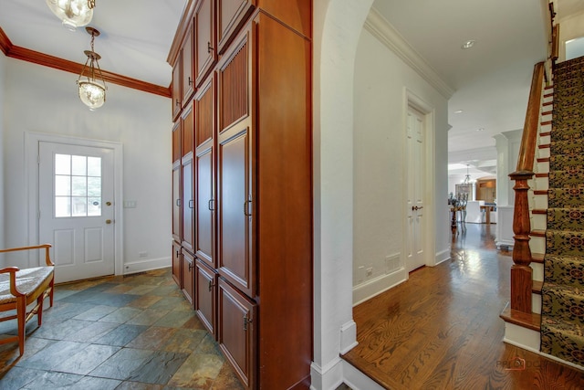 entrance foyer featuring crown molding and dark hardwood / wood-style flooring