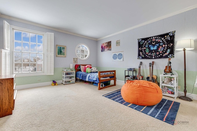 bedroom featuring multiple windows, crown molding, and carpet floors