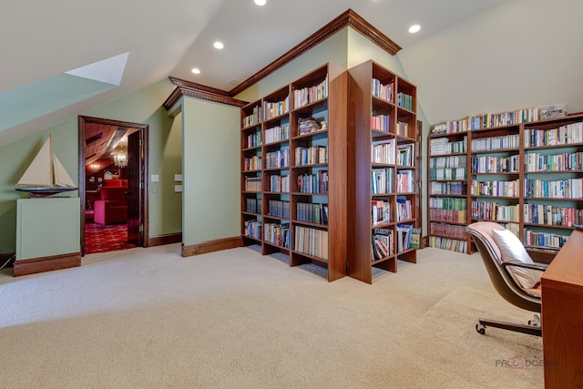 carpeted office with crown molding