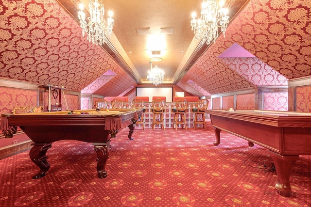 game room featuring lofted ceiling, pool table, a chandelier, and carpet