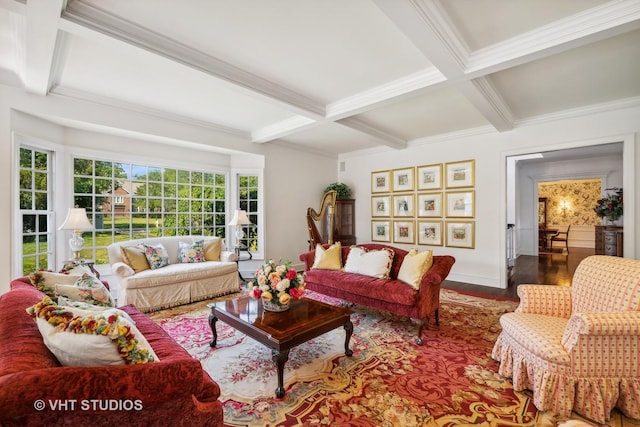 living room with beamed ceiling, wood-type flooring, coffered ceiling, and ornamental molding