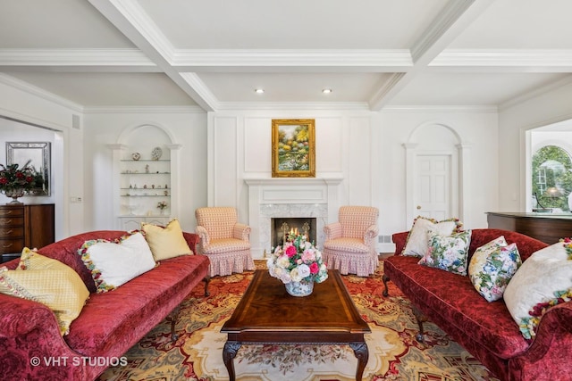 living room with coffered ceiling, ornamental molding, built in features, a high end fireplace, and beam ceiling