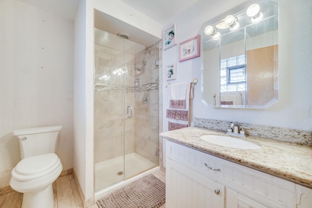 bathroom featuring an enclosed shower, vanity, and toilet