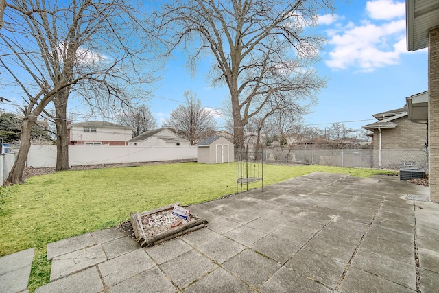 view of patio with central AC and a storage unit