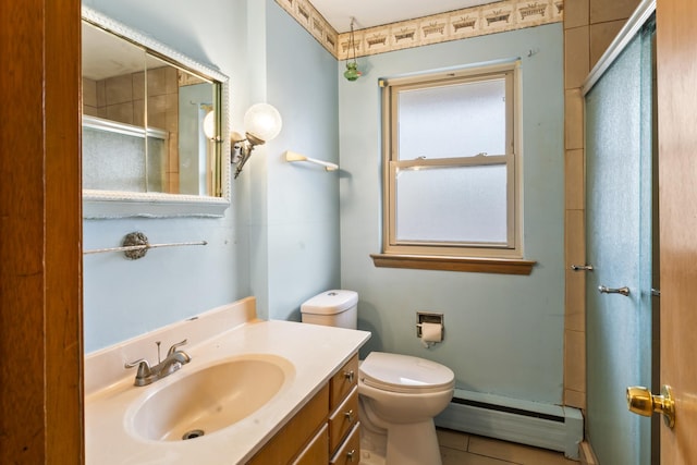 bathroom featuring a baseboard radiator, vanity, toilet, and a shower with door