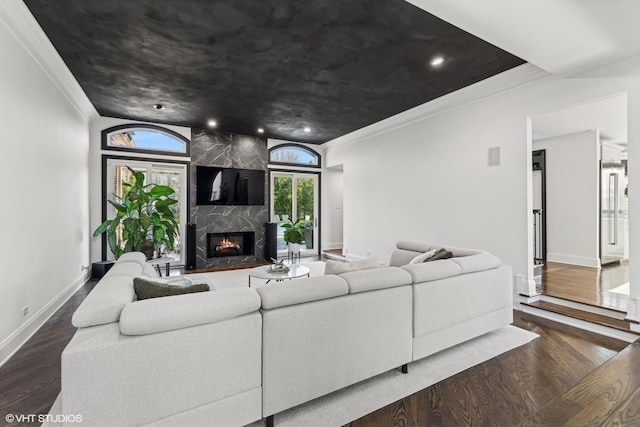 living room with crown molding, a fireplace, and dark hardwood / wood-style floors