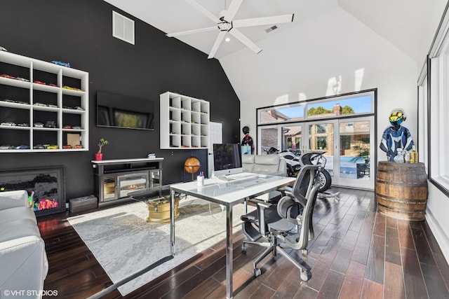 office area with ceiling fan, wood-type flooring, and high vaulted ceiling