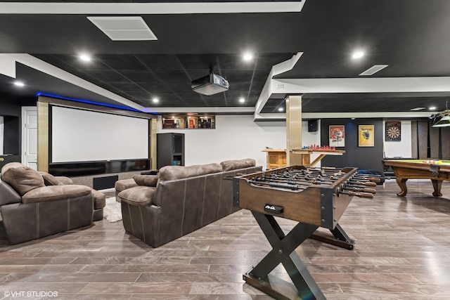 cinema room featuring hardwood / wood-style floors and pool table