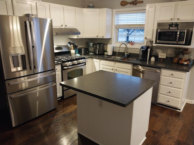 kitchen with a kitchen island, appliances with stainless steel finishes, dark hardwood / wood-style floors, sink, and white cabinets