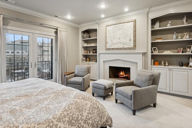 bedroom featuring crown molding, access to outside, light colored carpet, and french doors