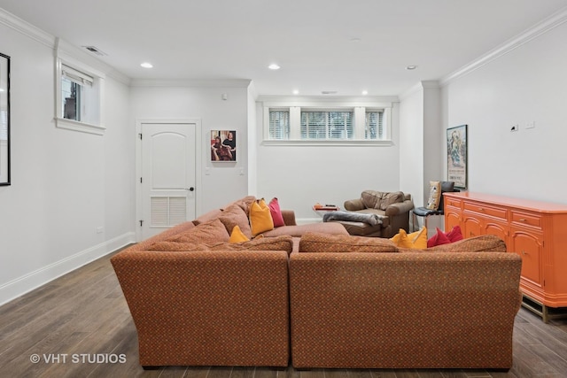 living room with crown molding and dark hardwood / wood-style flooring