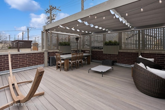 wooden deck featuring an outdoor hangout area and a pergola