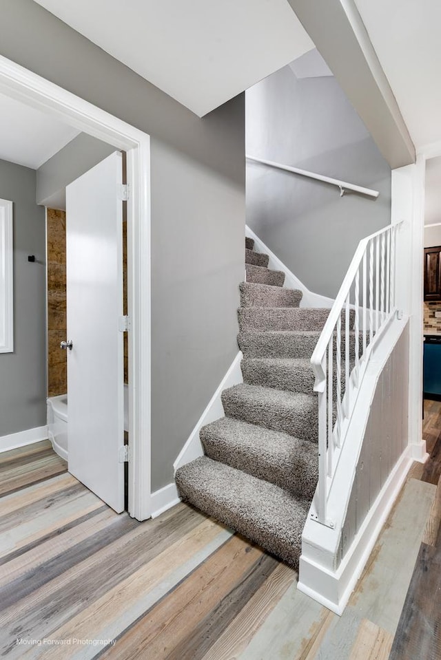 staircase featuring wood-type flooring