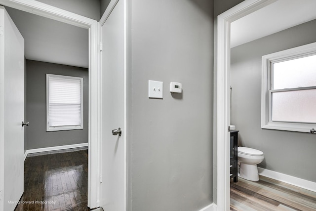 bathroom featuring vanity, toilet, hardwood / wood-style floors, and a wealth of natural light