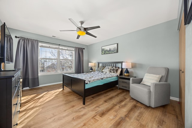 bedroom with ceiling fan and light wood-type flooring