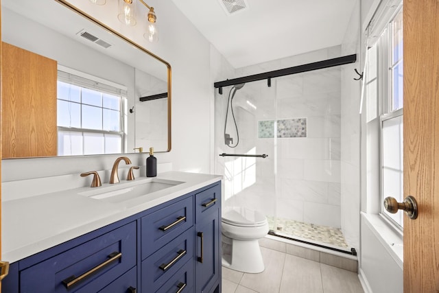 bathroom with tile patterned floors, vanity, toilet, and a shower with shower door