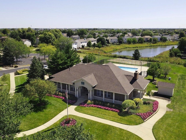 bird's eye view with a water view