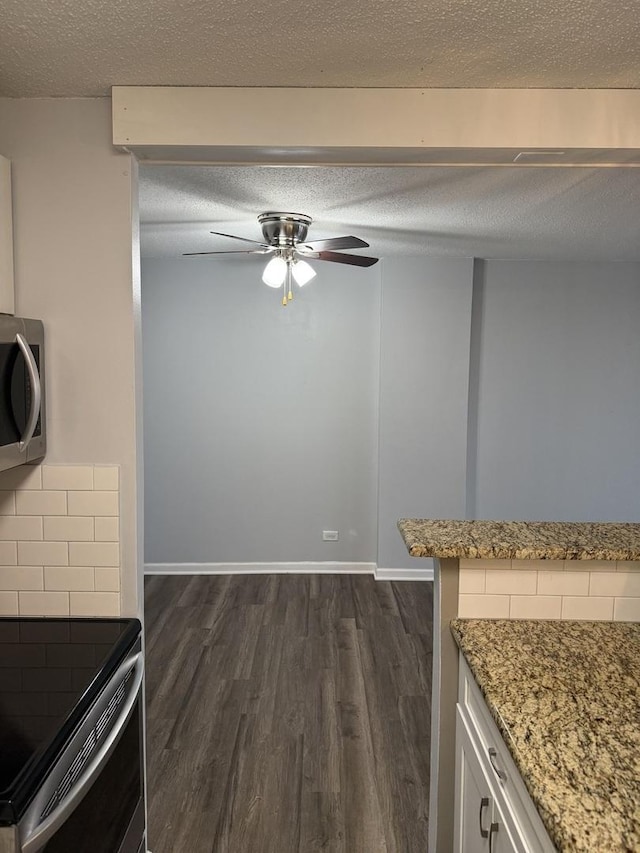 kitchen with dark hardwood / wood-style flooring, ceiling fan, stainless steel appliances, light stone countertops, and a textured ceiling