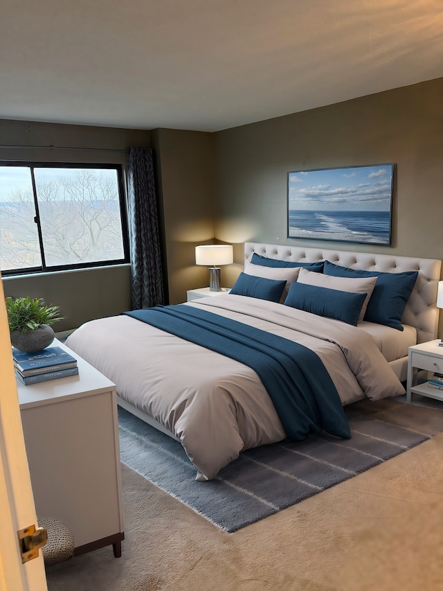 bedroom featuring light colored carpet