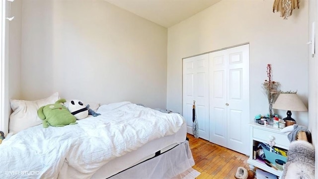 bedroom with a closet and hardwood / wood-style floors