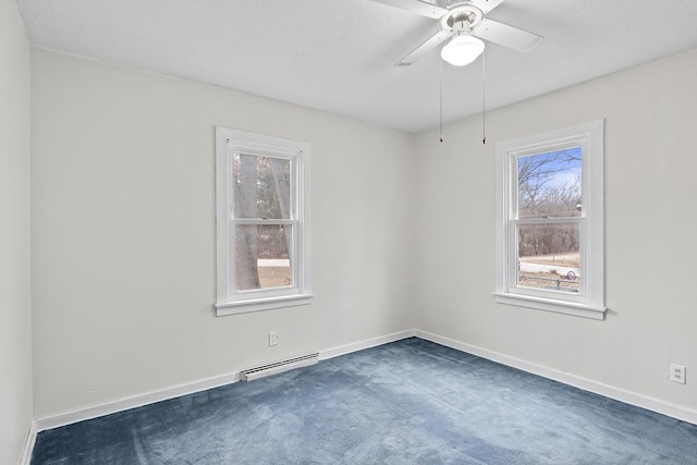 carpeted empty room featuring baseboard heating, ceiling fan, and a healthy amount of sunlight