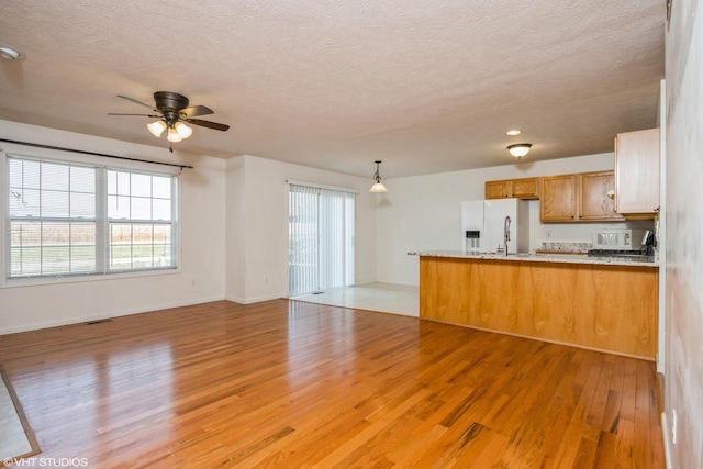 kitchen with hanging light fixtures, a wealth of natural light, light hardwood / wood-style floors, white fridge with ice dispenser, and kitchen peninsula