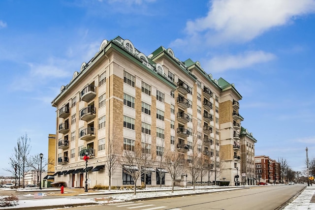 view of snow covered building