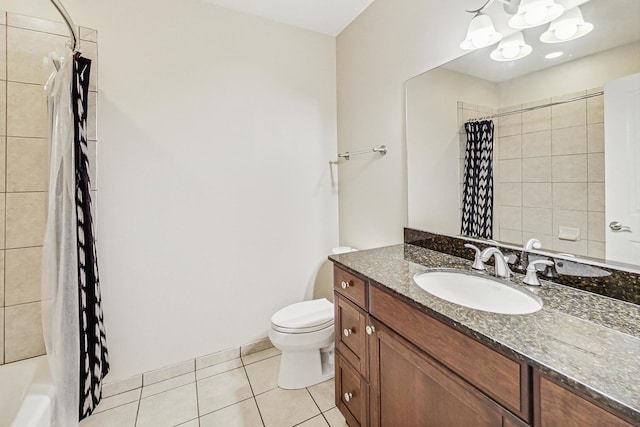 full bathroom featuring tile patterned floors, toilet, shower / tub combo, and vanity