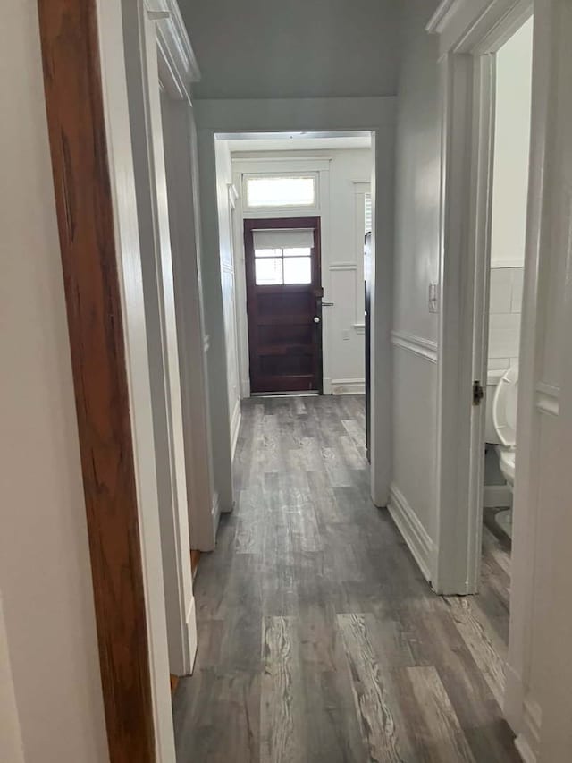 hall with dark hardwood / wood-style flooring