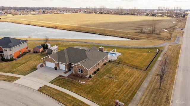 aerial view featuring a water view and a rural view