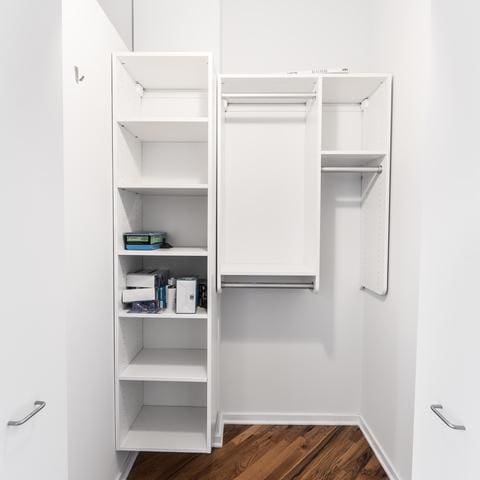 walk in closet featuring dark wood-style floors