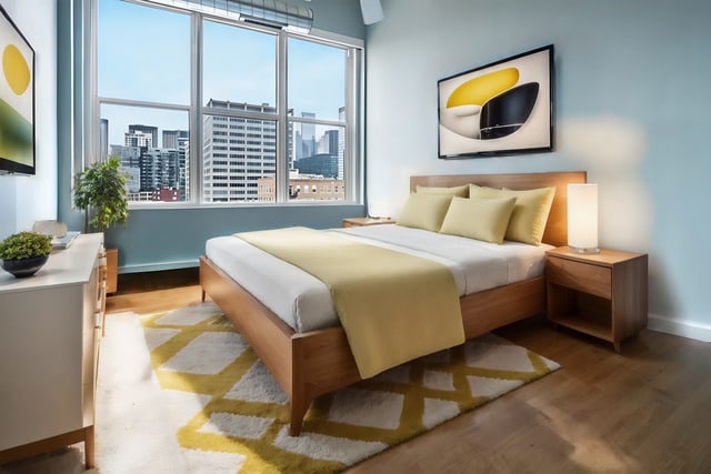 bedroom with baseboards, wood finished floors, and a city view