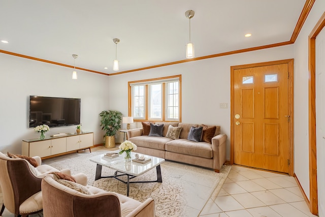 living room featuring ornamental molding and light tile patterned floors