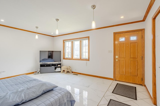 bedroom with crown molding