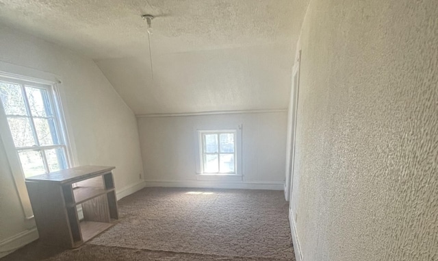 bonus room featuring vaulted ceiling, carpet floors, and a textured ceiling